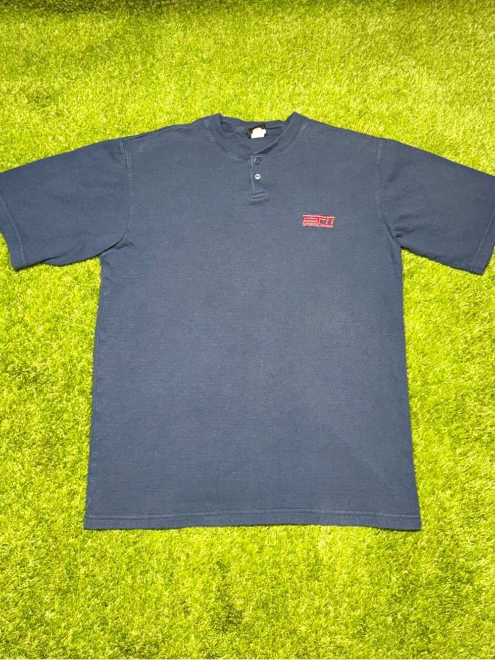 Vintage Y2K ESPN SportsCenter Heavy Cotton Henley T-Shirt Large Navy Blue